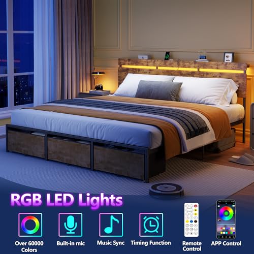 Image of Forestell King Size Bed Frame with Wood Headboard, Metal Platform Bed with 3 Storage Drawers & Shelf, Built-in Charging Station & LED Lights, No Box Spring Needed, Vintage Brown, Camas King