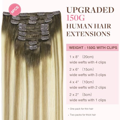 Image of GOO GOO Clip in Hair Extensions Real Human Hair, Remy Human Hair Extensions Clip ins for Women, Natural Human Hair, 14inch 150g 9Pcs, 5A /90 /16F Bahamian Balayage