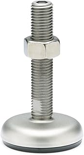 J.W. Winco 24N200R48/AK Series GN 340.5 Stainless Steel Leveling Mount with Black Rubber Pad Inlay and Nut, Shot-Blast Finish, Metric Size, 80mm Base Diameter, M24 x 3.0 Thread Size, 200mm Thread Length