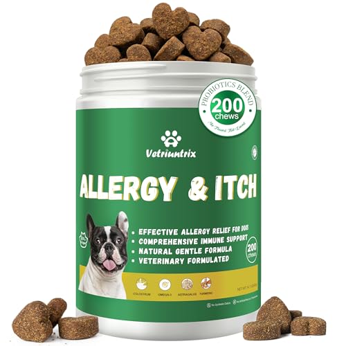 Vetriuntrix Dog Allergy Chews - Dog Allergy Relief & Immune Supplement with Probiotics, Colostrum & Omega 3 - Supports Skin & Coat Health, Soothes Paw Licking - Chicken Flavor, 200 Soft Chews