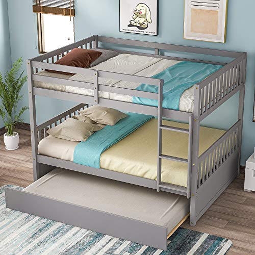 Bunk Beds Frame for Kids Teens, Full Over Full Bed with Twin Trundle, Loft Full Size Wooden Platform Bunk Beds with Safety Rail Ladder for Bedroom Girls Boys,Can be Divided into 2 Beds - Gray