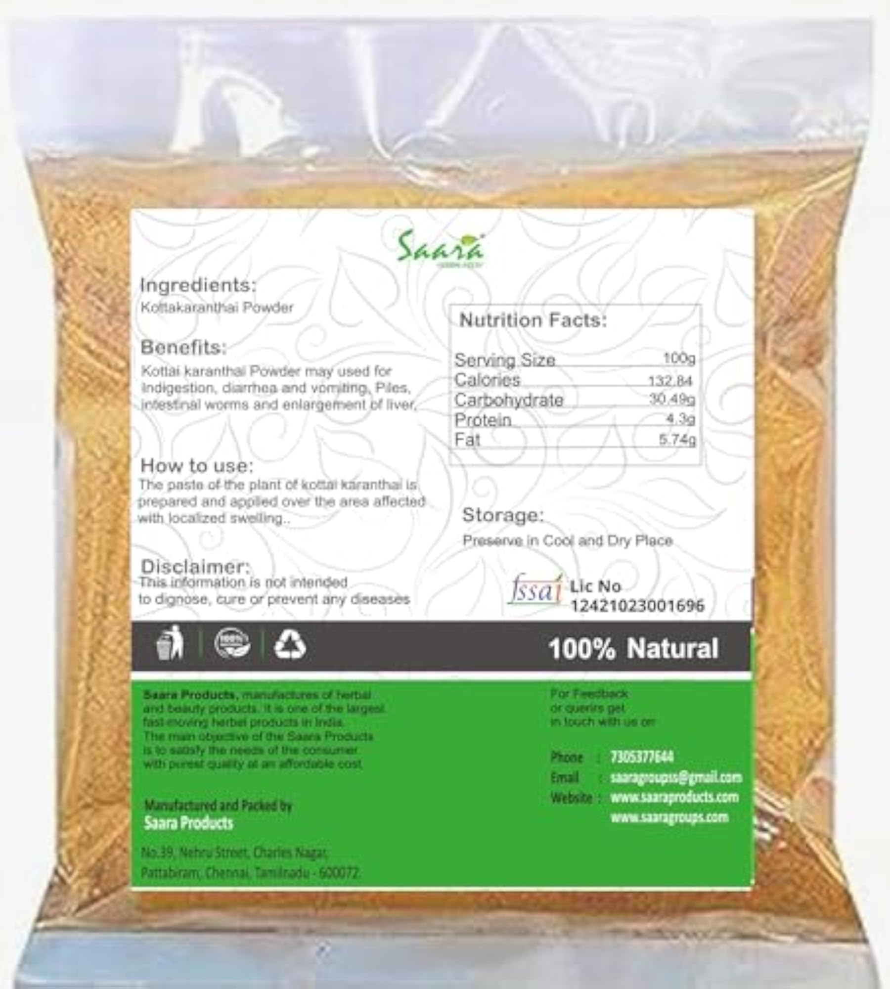 Saara HERBAL FRESH Kottakaranthai Powder, 750g