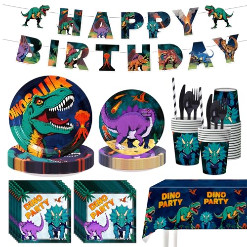 202 Pcs Dinosaur Birthday Party Supplies for 25 Guests – Complete Dino Tableware Set with Plates, Cups, Napkins, Cutlery, Straws & Tablecloth plus Bonus Checkers Game Party Decorations