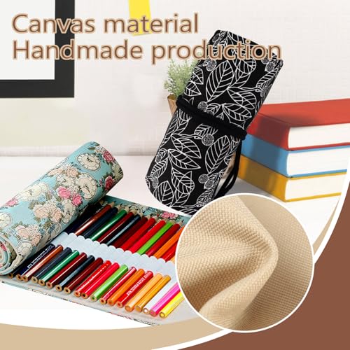 Image of Yitexin 72 Slots Canvas Pencil Roll Wrap, Handmade Roll-Up Pencil Case Pouch Fabric, Large Capacity Pencil Case Holder Organizer for Artists Painting, Sketchers(Flower & Clock)