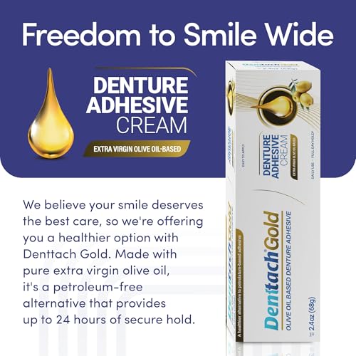 Denttach Gold Denture Adhesive, Petroleum Free Olive Oil Based Premium Denture Adhesive Cream for Full and Partial Dentures, All Day Secure Hold Denture Glue, Zinc Free, 2.4 Ounce