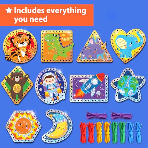 Image of KRAFUN Space & Dino Holographic Lacing Cards Age 3+ |10 Projects | Holographic lacing cards: T-Rex, Astronaut, Rocket, Tiger & Dinosaur. Builds fine motor skills. For boys & girls age 3+