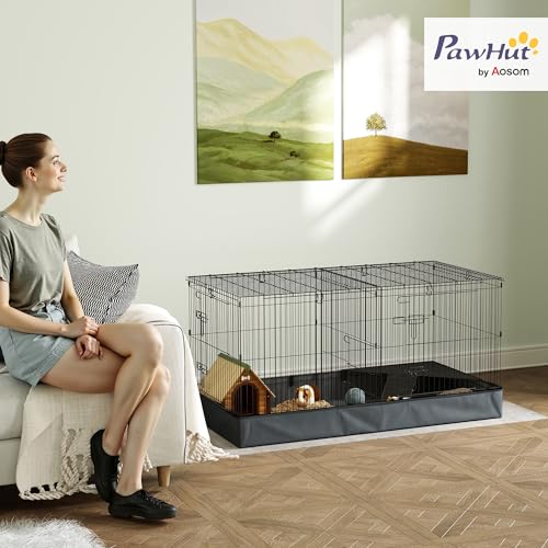 PawHut 2 in 1 Guinea Pig and Rabbit Cage With Removable Top, 2 Separate Areas, Waterproof Oxford Fabric Floor, Perch, Ramp - Small Animal Playpen for Bunnies, Hedgehogs, Black - Image 2