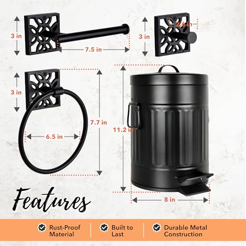 Image of Autumn Alley Matte Black Farmhouse Bathroom Set - 5-Piece Hardware Kit with Towel Ring, TP Holder, Hooks & Metal Step Trash Can with Lid for Rustic, Modern Bathroom Decor