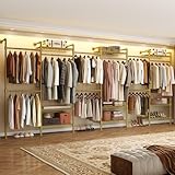 Wall Mounted Garment Rack, Industrial Pipe Clothing Rack, Corner Closet System with 6 Expandable Rods, Walk in Closet Shelving, Clothes Organizers and Storage, Hanging Racks Wardrobe Renovation, Gold