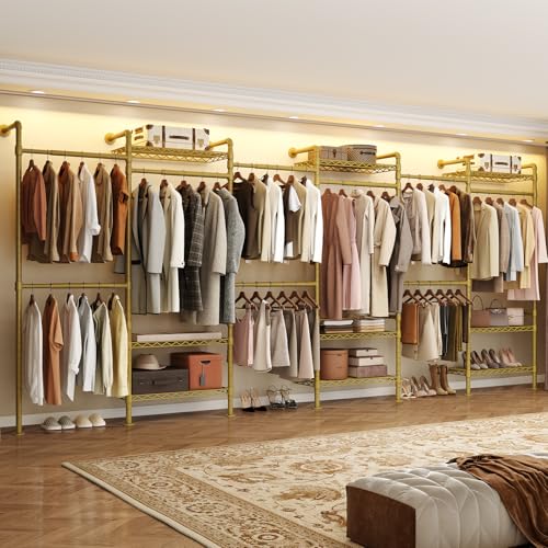 Wall Mounted Garment Rack, Industrial Pipe Clothing Rack, Corner Closet System with 6 Expandable Rods, Walk in Closet Shelving, Clothes Organizers and Storage, Hanging Racks Wardrobe Renovation, Gold