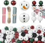 180 Pieces Christmas Snowman Wooden Beads, Winter Wooden Bead Buffalo Plaid Christmas Natural Wood Beads with Twine and Ribbon, Suitable DIY Crafts Making, and Christmas Party Decorations