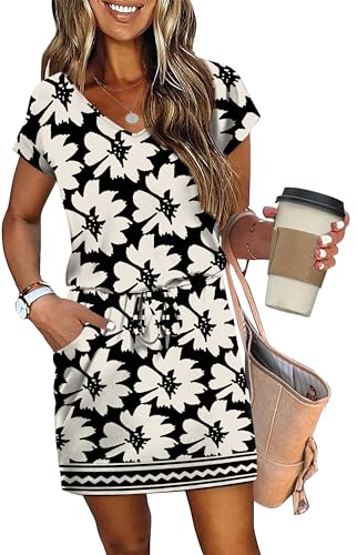 Image of OFEEFAN Summer Dresses for Women 2026 V Neck T Shirt Casual Mini Dresses Tie Waist Sundresses with Pockets