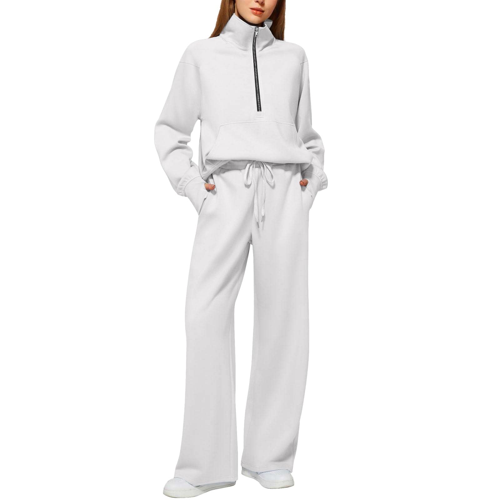 Ensemble de survêtement 2 pièces décontracté à manches longues pour femme - Haut avec fermeture éclair et grandes poches - Pantalon de jogging large avec cordon de serrage - Tenue de sport et de