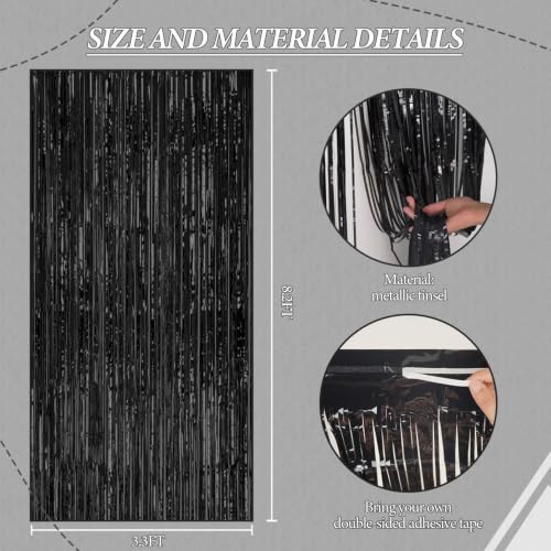 Image of DECOCKRAT 3 Pack Foil Fringe Backdrop - Black Shiny Tinsel Curtains for Party Decoration /Photo Booth Props - 3.3x8.2 FT Metallic Foil Backdrop for Birthday, Wedding, Graduation, Christmas.
