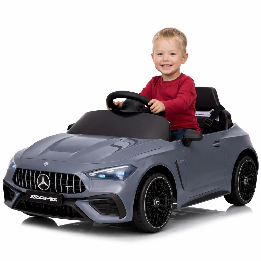 FINOOS Kinder Elektroauto 12V mit Fernbedienung – Mercedes CLE53 - AMG - Elektrofahrzeug - 2 türig - MP3 - Hupe - LED Leuchten - Bluetooth (Grau)