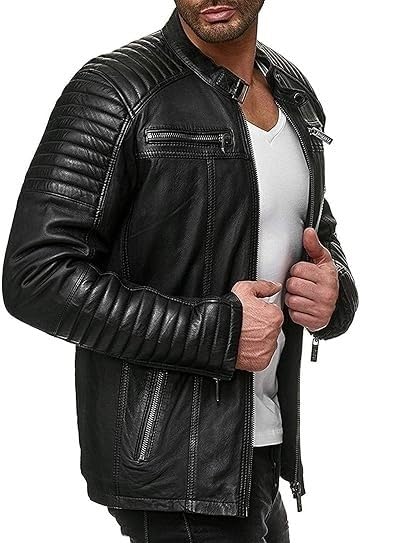 Chaqueta para hombre NEMS de cuero negro ajustada tipo biker miniatura 2