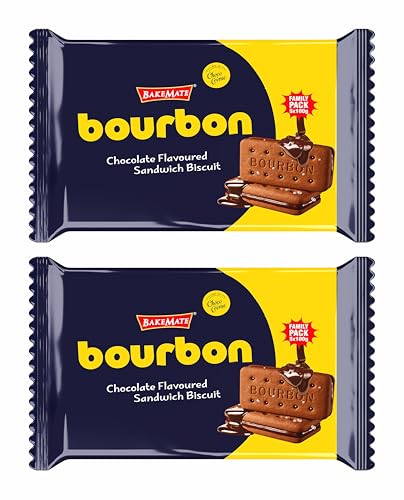 Image of BakeMate Bourbon Chocolate Flavoured Cream Biscuits - Pack of 2 | Bourbon Biscuits Pack | Chocolate Sandwich Biscuit | Crunchy & Creamy Tea Time Snack for Chocolates Lovers | Biscuit for Kids & Adults