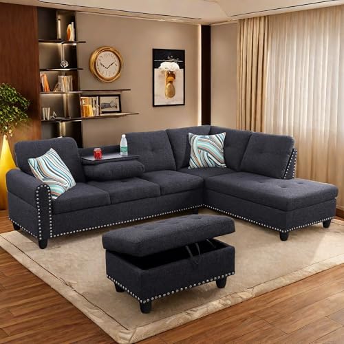 Image of FONTOI L Shaped Sectional Couch with Otttoman, 97 inch Sectional Sofa for Living Room Flannel Modular Couches with Cup Holders for Bedroom, Apartments, Black Grey
