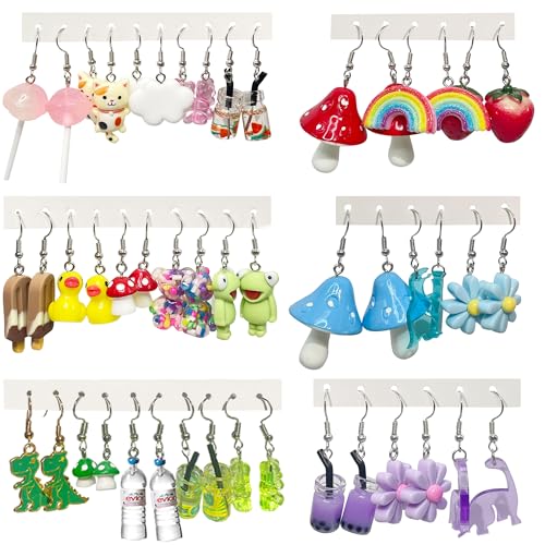 24Pairs Weird Funny Earrings for Women Girls Mushroom Duck Food Animal Earrings Bulk Cute Aesthetic Drop Earrings Weirdcore Kawaii Funky Dangle Ear Jewelry