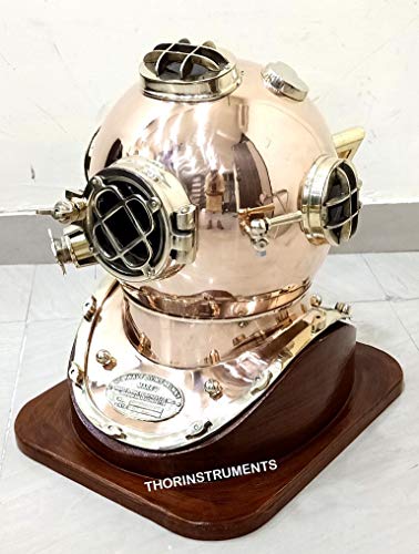 U.S. Navy Mark V Copper & Brass Diving Helmet Replica with Wooden Base Full-Size 18