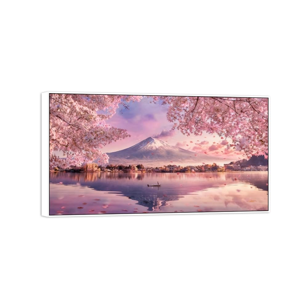 Landscape Canvas Prints Tree Lake Flower. Home Decor 30x55cm White Frame