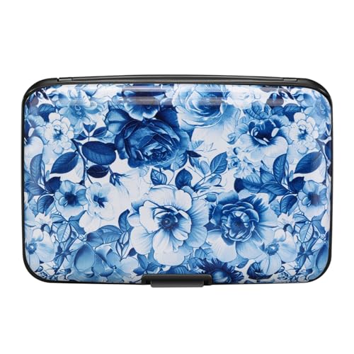 ELFISH RFID Blocking Credit Cards Holder Aluminum Wallet Metal ID Case for Men Women(Blue and White Peony)4
