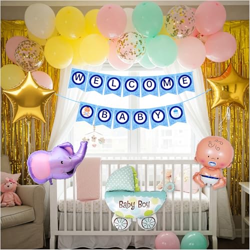 Image of 57 Pcs Welcome Baby Boy Decoration Kit | Balloons, Banner, Curtains, Foils, Stars, Hearts, Ribbon & Confetti for Baby Shower & Newborn Celebration Set 16