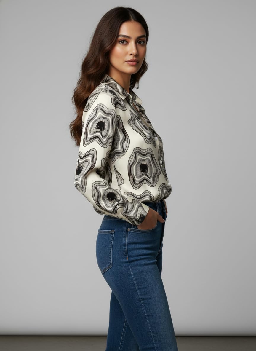 ANNI Designer Bedrucktes Damenhemd aus Baumwollmischgewebe, langärmelig, normale Passform, Hemdkragen, legere Bürokleidung, elegante Western-Kleidung für den Alltag, Hochzeit, Party