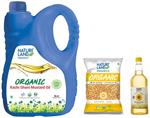 Image of Natureland Organics Mustard Oil Jar, 5 L & Arhar /Toor Dal Pouch, 1 kg & Sunflower Oil Bottle, 1 L