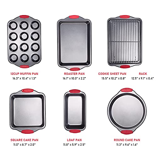 Nuovoo Baking Sheets For Oven, 7 Piece Cake Pans Sets Nonstick For Baking, Carbon Steel Bakeware Sets With Red Silicone Handles, Dark Grey, Baking Supplies For Donut Loaf Cupcake Biscuit Bread #TOP2