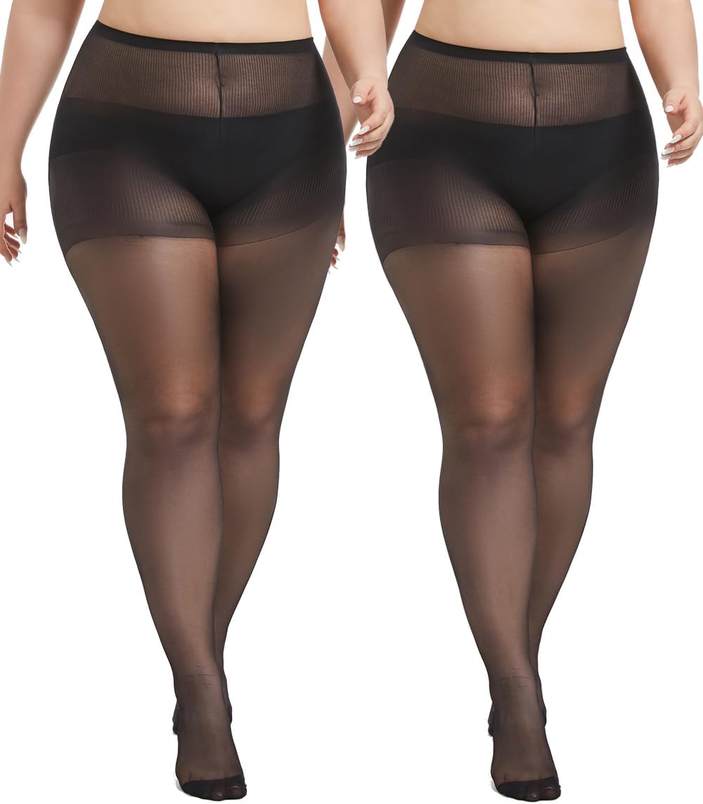 MERYLURE Plus Size Tights for Women, 20D Ultra Thin High Waist Pantyhose with Reinforced Toes Sheer Stockings 2 Pairs