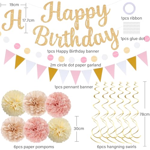 Image of Gold Birthday Decorations, Happy Birthday Banner and Paper Pompoms, Hanging Swirls, Circle Dots Garland, Pennant Flags for Girls Women Party Decorations