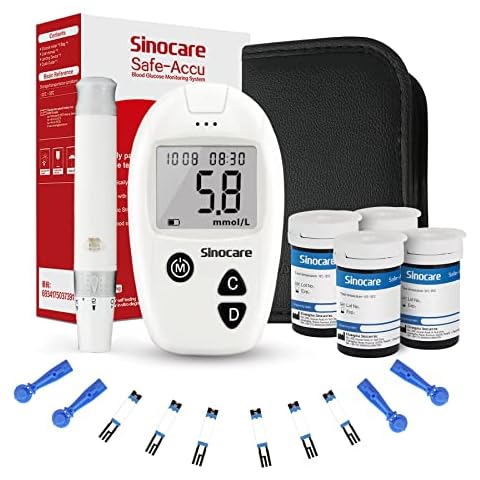 Sinocare Blood Sugar Monitor, Safe Accu Blood Sugar Test Kit 100 Strips & 100 Lans., Blood Glucose Monitors, Diabetes Testing Kit for UK Home Use, No Coding Glucometer in mmol/L Cover