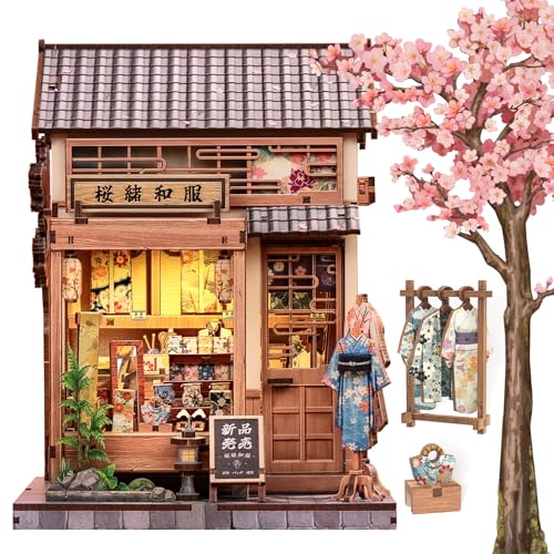 Cutefun ブックヌークキット DIYミニチュアハウスキット 大人、ティーン、初心者向け 日本のサクラブックヌック 小さな家の本棚装飾 3D木製パズル 友人や家族へのギフト(桜着物店)の商品画像（Amazon）