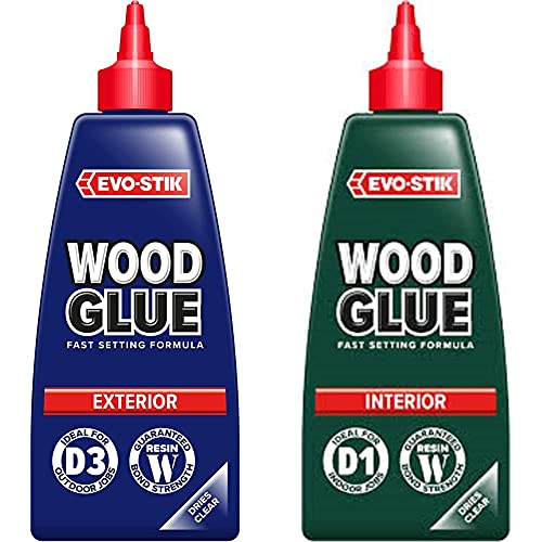 EVO-STIK Wood Glue Exterior, Weatherproof, Extra Strong, Fast Setting, Dries Clear, 500ml & EVO-STIK Wood Glue - Interior, Extra Strong, Fast Setting, Suitable For All Wood Types, Dries Clear, 500ml