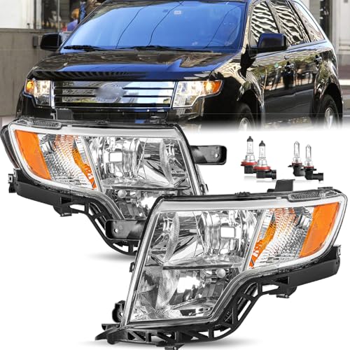 For 2007 2008 2009 2010 Edge Headlights Assembly Compatible with Ford Edge 07-10 Halogen Head Light Headlamp with Bulbs Driver and Passenger Side Chrome Housing Amber Corner