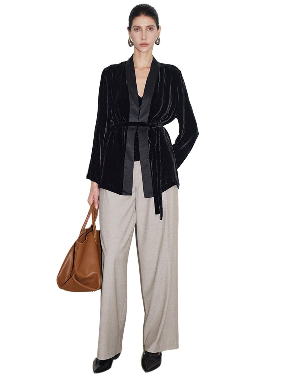 Womens Velvet Suit Blazer with Belt Business Casual Coat Leisure