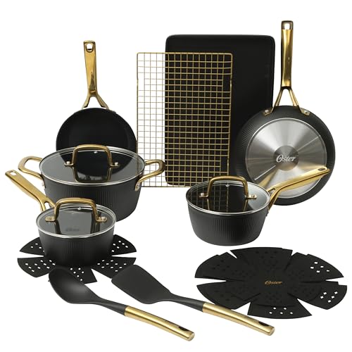 Oster Platinum Abbottsford 16 Piece Aluminum Pots and Pans PFA Free Ceramic Non stick Induction Kitchen Cookware Set - Black W/Gold by Oster - Used condition - US$86.55