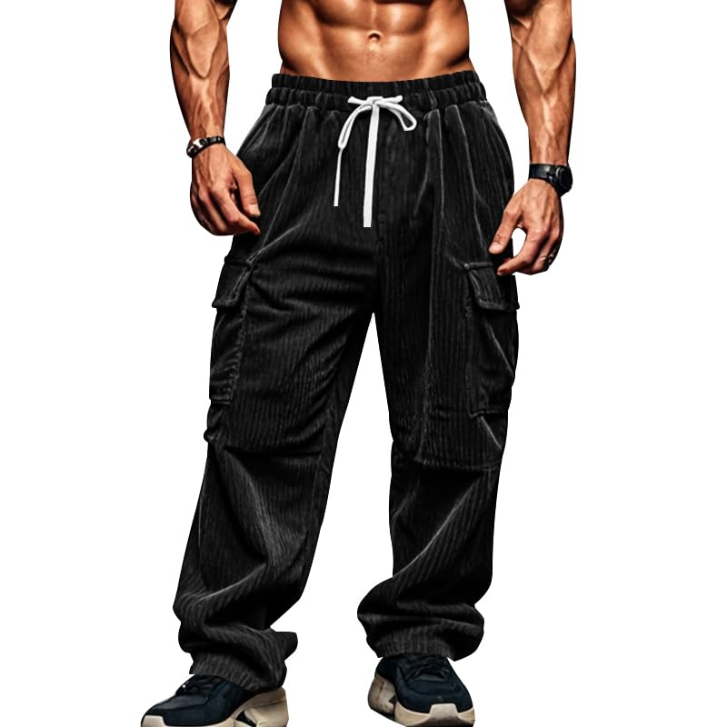 ZOCANIA Men's Corduroy Cargo Pants Drawstring Waist Sweatpants Multi Pockets Straight Leg Fall Casual Trousers
