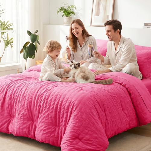 Image of CozyLux Queen Comforter Set Hot Pink, 7 Pieces Seersucker Textured Luxury Bed in a Bag Queen, All-Season Soft Bedding Sets with Down Alternative Comforter, Sheets, Pillowcases & Shams, Bedroom Bed Set
