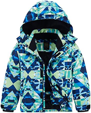 FREE SOLDIER Boys Girls Waterproof Ski Jacket Fleece Lined Warm Winter Snow Coat Kids Winter Jacket with Detachable Hood(Geometry,8-9/Boy)