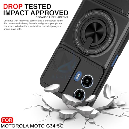 Image of AESTMO Moto G34 5G / G45 5G Back Cover | Armor Camera Slider 360 Degree Rotating Finger Ring Holder Case with Bracket Stand Back Case Cover (Compatible with MagSafe Accessories) (Black)