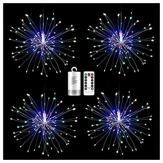 AnyCar 4-pack fyrverkerilampor, 120 LED Starburst älva lampor LED fyrverkerier hängande lampor 8 lägen med fjärrljusslinga för inomhus utomhus trädgård bröllopsfest juldekor (flerfärgad)