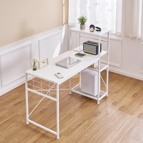 VECELO パソコンデスク 幅130×奥行55×高さ74cm 棚付デスク A4対応 オフィスデスク 本棚 コンパクト 仕事 手入れ簡単 ゲーム 办公桌 ホワイト [2]