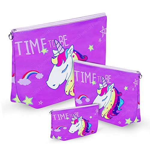 Image of FunBlast Multipurpose Canvas Pouch - Pack of 3 Pcs Pouch with Zipper Lock, Stationary Organizer Pouch, Travel Accessories Pouch Bag, Cosmetic Bag, Money Purse, Handbag (Unicorn-Purple)