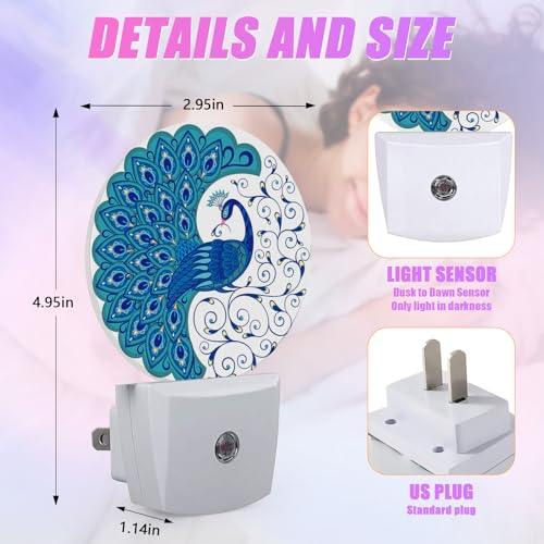 Image of Blue Peacock Night Light Vintage Feathers Night Lights LED Lamp Round Plug into Wall Nightlight with Dusk to Dawn Sensor Home Hallway Stairway Kitchen Decor