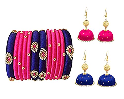 Buy Pink Blue Shine Silk Thread Bangles for Women and earrings