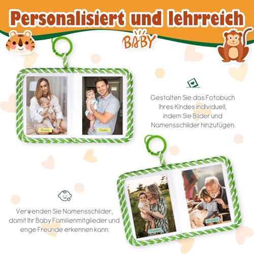 Lanpn Baby Fotoalbum 17 10x15 Fotos, Babyalbum mit Beißring und Anhänger Fotobuch zum Stoff, Einsteckalbum Erinnerungsbuch zum Gesichter Namen merken Geschenke für Kinder Jungen Geburtstag (Tier)