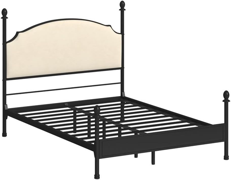 Bowery Hill Metal Queen Poster Panel Bed, Silver Gun Metal Finish, 85.25"L x 62.88"W x 55.88"H, Transitional Style with Cushioned Fabric Headboard, Sturdy Steel Construction, Indoor Bedroom Furniture