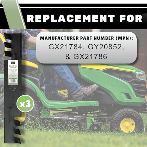 Terre Products, 3 Pack Commercial Mulching Lawn Mower Blades, 48 Inch Deck, Compatible with John Deere LA130, LA140, LA145, LA155, LA165, Replacement for John Deere GX21784, GY20852, GX21786, AM141035